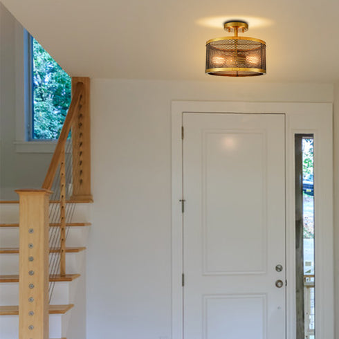 Brass Flush Mount Ceiling Light  Drum Metal Shade  | Claxy